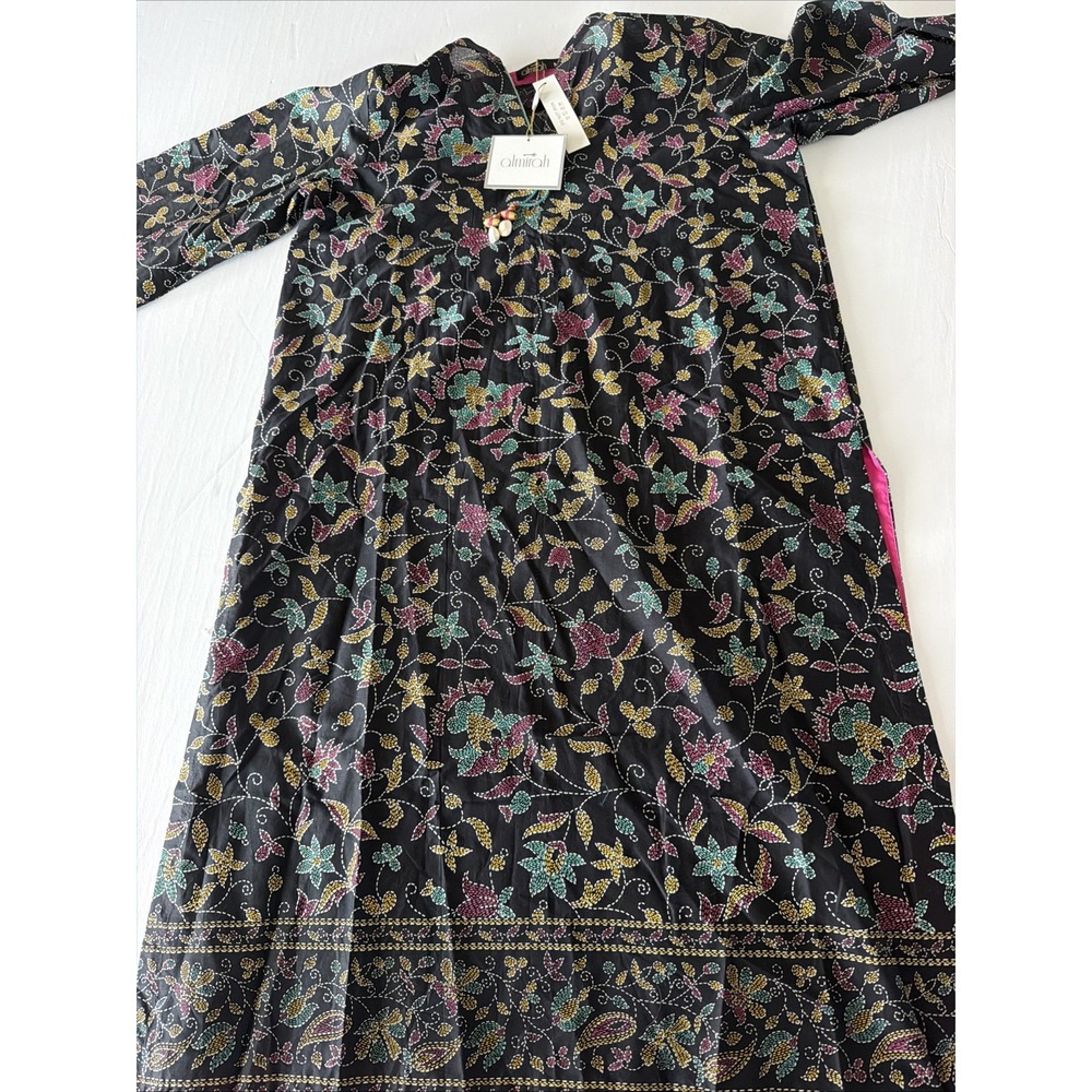Almirah Women's Black Floral Kurta Dress Tunic Multicolor Embroidered M NWT